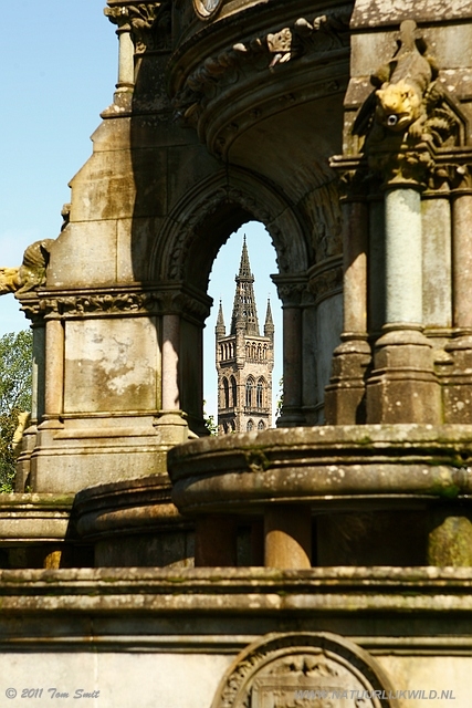 University of Glasgow tower seen through Stewart Memorial Fountain at Kevingrove Park